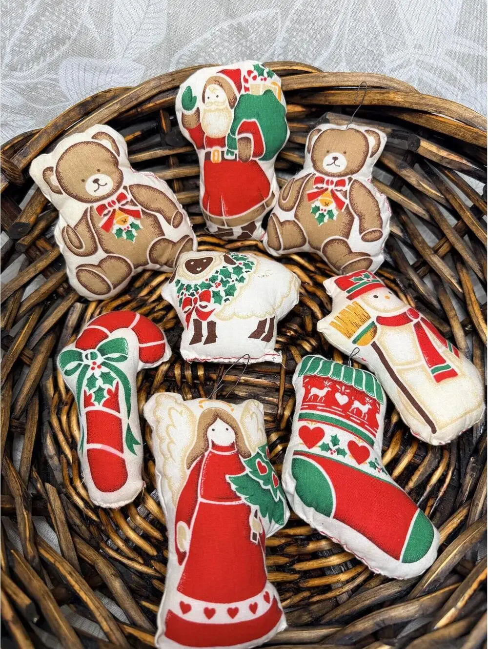 1970s Handmade Cloth Christmas Ornament Set of 8